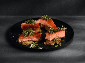Roasted salmon served on a plate