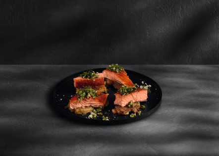 Roasted salmon served on a plate